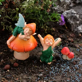 Feengartenfiguren – Elfe Und Dekorativer Pilz Aus Kunstharz (3-teilig) Für Die Miniaturdekoration Im Außenbereich