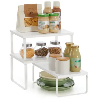 SONGMICS Gewürzregal Küchen-Organizer, Küchenregal, Schrank-Organizer Küche, kleines Regal, 3-tlg., erweiterbar, stapelbar, Metall und Holzwerkstoff weiß