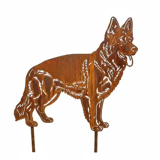 Edelrost Gartenstecker Altdeutscher Schäferhund - Rost Deko Hund Rostfigur Gartendeko für Draußen - stabile Metall Gartenfigur aus Stahl - Wetterfest für Beet Terrasse - 44x48cm