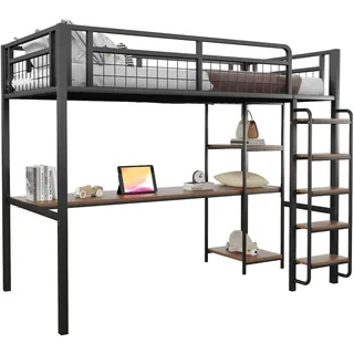 OKWISH Hochbett Metall mit Stauraum, Leiter, Tisch und Regalen, Loftbett für kleine Räume, sicher, robust, 90x200 cm, Schwarz