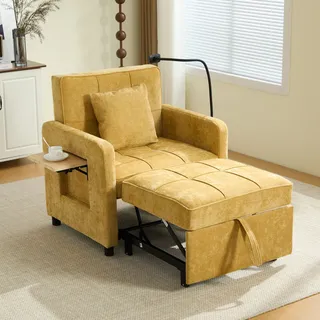 Zwei-in-eins-schlafsessel, Einzelschlafsofa, Sessel (mit Kissen Und Seitentaschen), Mit Einem Kleinen Tischchen Auf Der Einen Seite Und Einer Aufbewahrungstasche Auf Anderen Seite(senfgelber Chenille)