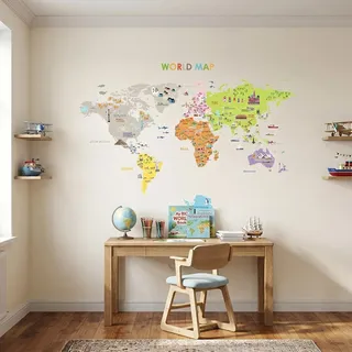 Ambiance Sticker Wandaufkleber-Dekorationsklebstoffe WORD MAP Riesige Weltkarte Wandtattoo für Baby, Kinderzimmer und Wohnzimmer - H70 x L50 cm
