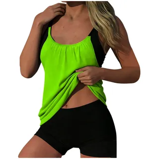 AACH Tankini Damen Sportlich Set Bauchweg Zweiteilig Badeanzug Locker Einfarbig Bademode Sommer Tankinis Texturen Gepolsterter Oberteil mit Badeshorts 2-teilige Elegantes Swimsuit Beachwear - L