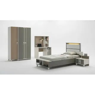 xlmoebel Garnitur Kinderzimmer, Bett Kinderbett Kindermöbel Grau Holz Set 4tlg