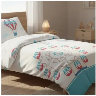 MTOnlinehandel Kinderbettwäsche Pastell 135x200 cm Renforcé, Heißluftballons, 100% Baumwolle, 2 teilig, Jahrmarkt-Motiv mit Riesenrad, Wolken und Feuerwerk. weiß