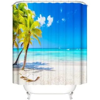 OCEUMACO 3D Strand Motiv Duschvorhang 240x200 Meer Beige Landschaft Shower Curtains Textil Antischimmel Wasserdicht Palmen Blätter Blau Duschvorhänge Badewanne Stoff aus Polyester Waschbar