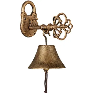 Relaxdays Türglocke Gusseisen, antikes Design, Gartenglocke Schlüssel, mit Kordel, Glocke für draußen, Wandglocke, Gold