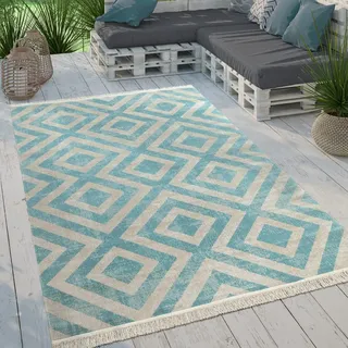 Paco Home Moderner Outdoor Teppich Geometrisches Rauten-Muster im Vintage-Look Flachgewebe Wetterfest & Pflegeleicht für Garten, Terrasse & Balkon, Grösse:60x100 cm, Farbe:Blau-Weiß