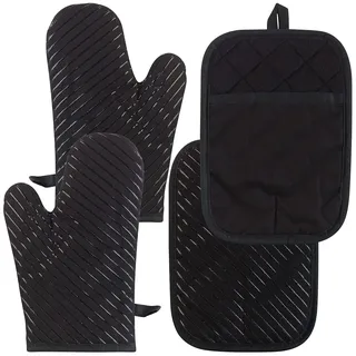 Rosenstein & Söhne Grillhandschuh: 4er-Set Silikon-Anti-Rutsch-Ofenhandschuhe & XL-Topflappen, bis 240 °C (Silikonofenhandschuh, Topflappenset, BBQ)