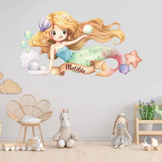 tjapalo® v144 Kinder Wandtattoo Meerjungfrau groß Wandtattoo Mädchen Name Wandsticker Kinderzimmer deko Mädchen mit Namen, Größe: B80xH37cm