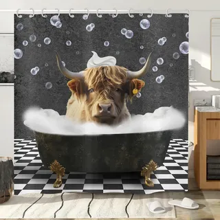 Hnmdmyi Duschvorhang Lustige Hochland Kuh 90x180, Bauernhaus Western Tier Bull Rind Baden in Sprudelbadewanne Badewanne Vorhang Wasserdicht Polyester Stoff Waschbar Badevorhang mit Haken