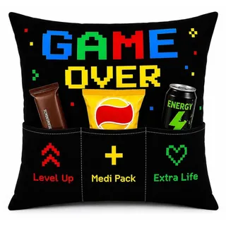 KAMACA Gamerkissen Dekokissen mit weicher Füllung 43 × 43 cm mit 3 befüllbaren Taschen für Snacks – Lustige Geschenkidee zu Ostern für Gamer...