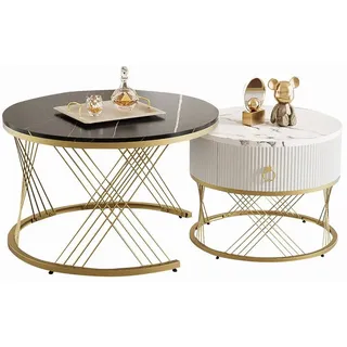 HAUSS SPOLE Couchtisch 2er-Set, Beistelltisch mit Schubladen Golddekor, Metallfüße Schwarz (2 in 1 Runder Couchtisch aus MDF, 2-St), Beistelltisch mit Schublade schwarz