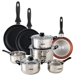 Well Home Kochgeschirr-Set, 8-teilig, Edelstahl + 3 Pfannen, Ø 16 x 20 x 24 cm, Kupfer metallisiert aus gepresstem Aluminium