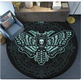 PASPRT Death Moth Runder Teppich Gothic Skull Runde Bodenmatte Schmetterling Mond Wohnzimmer Teppiche Badezimmer Küchenbereich Teppich 200Cm