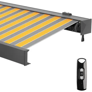 paramondo Markise Kassettenmarkise Line Gelenkarmmarkise Balkon Terrasse Sichtschutz, mit jarolift Funkmotor, Vollständig zusammengebaut, 3,5 x 3 m, Anthrazit-Matt, Stoff: Block, Gelb-Grau