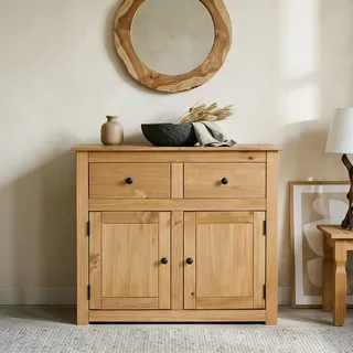 CARO-Möbel Kommode Cancun im Landhaus Stil aus Kiefer massiv, Moderne Anrichte mit 2 Schubladen und Türen, Sideboard mit gebeizter gewachster Oberfläche