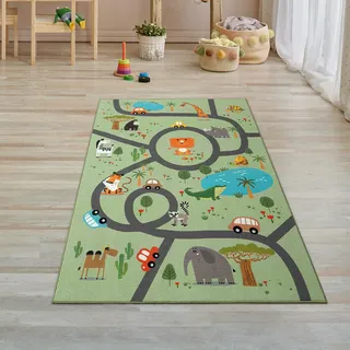 Teppich-Traum Teppich Kinderzimmer Kinderteppich rutschfest Spielteppich Safari Straße Autos Tiere Läufer grün 80 x 150 cm