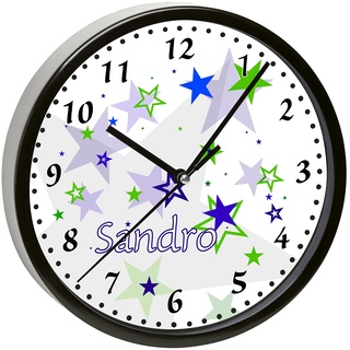 CreaDesign, WU-31-1030-21 Sterne Blau Grün Wanduhr für Kinderzimmer, lautloses Uhrwerk ohne Ticken, personalisierbar mit Namen, Rahmen schwarz, Durchmesser 19,5 cm
