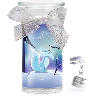 JuwelKerze Snow Fox Charm Silber - große Schmuckkerze 80 Std - Duftkerze mit Gourmand-Duft - Kerze mit Schmuck Überraschung - Geschenke für Frauen