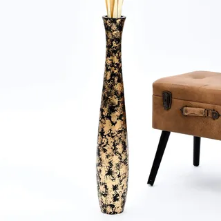 Leewadee Große Deko Bodenvase Für Dekozweige, Hohe Standvase Für Pampasgras, Design Holzvase, 70 cm, Schwarz Gold
