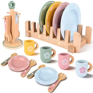 Kinderküche Zubehör Holz Geschirr Teeservice Kinder, Geschirrset mit Tassen Teller, Spielküche Zubehör Holz Küchenzubehör Spielzeug Rollenspiel Geschenk für Mädchen Jungen 3 4 5 6 7 8 Jahre