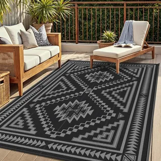 GENIMO Outdoor Teppich Wetterfest 275x365cm Plastik-Strohhalm Matte | UV-beständig & Waschbarer Balkon Teppich für Terrasse, Balkon, Pool, Picknick, Camping, Schwarz Grau