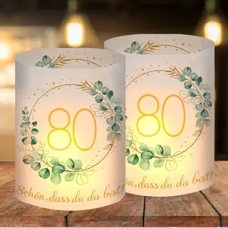 12 Windlicht Tischdeko 80 Geburtstag, Happy Birthday Tischdeko 80. Geburtstag Frauen, 80 Geburtstagsdeko Frau Mann, Geeignet für Teelichter oder Kerzen mit Schön DASS Du Da Bist und Eukalyptus