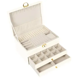 Schmuckkästchen Schmuckbox BESTIF Schmuckkasten Groß Ketten Kunstleder Jewellery Box (beige) - Beige