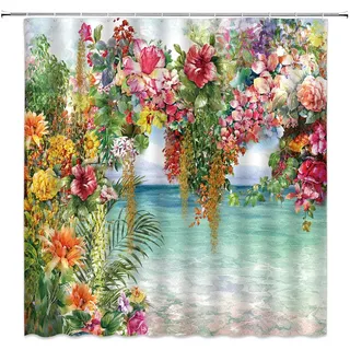 Hawaii Duschvorhang tropischer Stil, Sommer-Ozean-Strand-Wasserfarben, Hibiskus, Frangipani, exotische Pflanzen, Blume, buntes Design, grüne Palmblatt-Badezimmerdekoration (bunt, 178 x 178 cm)