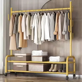 Schwerlast Kleiderständer Auf Rollen Metall Kleiderstange Multifunktionaler Mobiler Garderobenständer Mit Schuhregal Und 7 Haken for Schlafzimmer, Flur, 120/150 * 37 * 165cm
