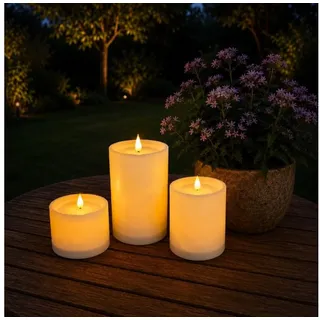Online-Fuchs LED Solarleuchte - 3 LED Solar Kerzen, aufladbar für draußen - Lampen Outdoor, realistische Kerzenflamme, warmweiß, zusätzlich im Inneren beleuchtet - 9, 12 und 17 cm hoch weiß