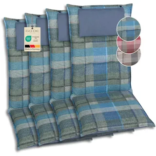 GO-DE Textil Bequeme und attraktive Polsterauflagen für Hochlehner-Gartenstühle (4er-Set, Karo Petrol, Hochlehner)