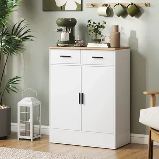 Sideboard Mit Stauraum, Kommode Mit 2 Schubladen, Verstellbares Regal, Für Küche, Wohnzimmer, Flur, Naturholz, Weiß