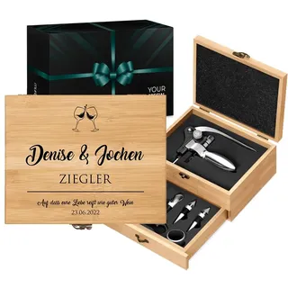 Maverton Weinöffner-Set personalisiert Weinset Sommelier Set - Geschenkbox Holzbox + 8er Weinzubehörset - aus Bambus - Braun - Geschenk Hochzeit Hochzeitstag Paar - Weingläser