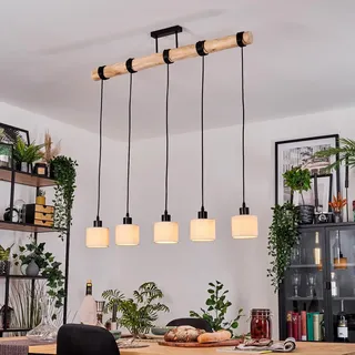 HOFSTEIN Hängeleuchte Bassagoda, Hängelampe aus Metall/Holz/Stoff in Schwarz/Natur/Weiß/Beige, Pendelleuchte im Boho/Retro/Vintage-Design, Holzstab, Stoffschirme, 5 x E27, Esszimmer, Küche, Wohnzimmer