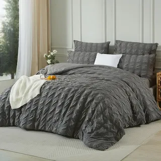 Luofanfei Seersucker Bettwäsche 155x220 Grau Sommer Kühlende Gestreift Karo Uni Muster Wende Bettwäsche Atmungsaktiv Leicht Bettbezug Einzelbett und Kissenbezüge 80x80 mit Reissverschluss