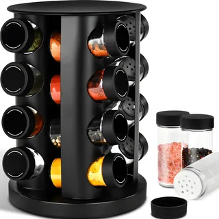 Retoo Gewürzregal 360° drehbar, Edelstahl, Schwarz, 16 Gläser, 27,6 cm | 90-g-Gläser, Metallverschlüsse, Stahlkugellager, rutschfester Boden, kompakte Maße 19 x 19 x 27,6 cm