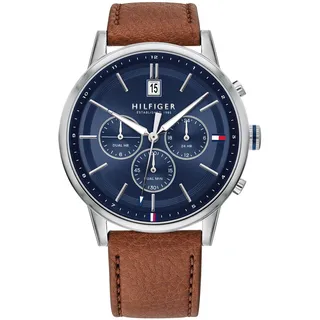 Tommy Hilfiger Herren Multifunktions-Quarzuhr mit 44 mm - Marineblaues Zifferblatt, Heller Braun Lederarmband, 3 Unterzifferblätter, Wasserfest bis 5ATM - 1791629
