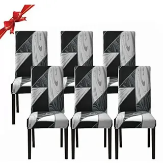 Set Mit 6 Esszimmerstuhlhussen, Stretch-stuhlhussen, Abnehmbare, Waschbare Spandex-schutzbezüge (schwarzes Geometrisches Muster, 6 Stück)