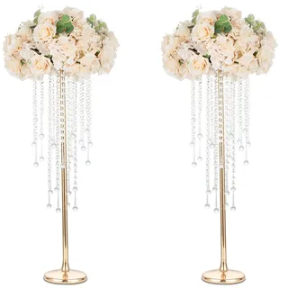 Sziqiqi Metall Blumenständer Gold 75cm: Vase Hoch für Hochzeit 2Stk | Mit Kristallperlen, Schmal Säule, Goldener Centerpiece für Hochzeit, Tischdeko Ständer für Party, Geburtstag