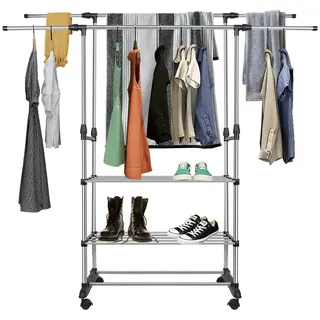JEOBEST Kleiderständer Garderobenständer Doppelte Kleiderstange mit 3 Lagen Staufächer, Clothes rail coat rack mit Rollen, Höhenverstellbar und ausziehbar silberfarben