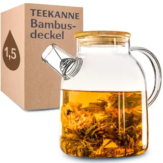 Cosumy Teekanne Glas 1,5 L – mit Holzdeckel & Filter – Teebereiter Kanne | Spülmaschinenfest, kälte- & hitzebeständig, für heiße & kalte Getränke, Eistee im Sommer, Tee im Winter