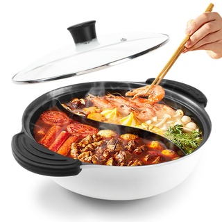 Heißer Topf mit Trennwand für Induktionsherd, zweiseitig, Suppen-Kochgeschirr, zweiseitig, chinesischer Shabu-Topf für Zuhause, Party, Familientreffen, 4,5 l (weiß)