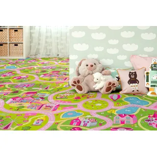 Teppichboden ANDIAMO "Sweet Towny, Schlinge, Gesamthöhe 6,5 mm, Made in Belgium", pink, B:400cm L:300cm, Kunstfaser, Teppiche, bedruckt, Spielteppich, Breite 400 cm, Motiv Straße, Kinderzimmer