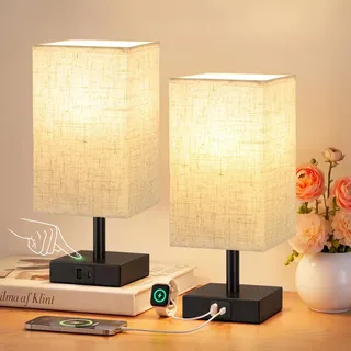 PreeOtti Nachttischlampe Touch Dimmbar 2er Set mit USB A+C Ladefunktion | Tischlampe mit 3-fach Dimmbar, 2 LED-Birnen, Kleine Touch Lampe für Schlafzimmer Wohnzimmer Babyzimmer Büro Kinderzimmer