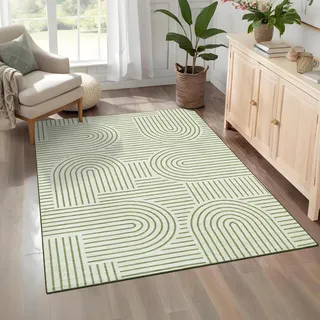 LuxFocus Waschbarer Bettvorleger 80x150 cm Geometrisches Muster Hellgrün | ca. 6mm Ultradünn, moderner Kurzflor-Teppich für Schlafzimmer Büro, rutschfest, pflegeleicht, faltbar, minimalistischer