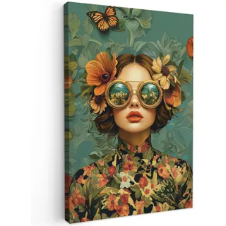 OnlyWow© Gartenbild 60x90 cm Outdoor Leinwand Terrasse Decoration Wanddeko Gartendeko Wetterfest Geschenk Wanddekoration Draußen Frau - Blumen - Schmetterlinge - Natur - Vintage