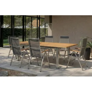STERN Cardiff Garten-Essgruppe, silber/silbergrau, Edelstahl/recyceltes Teak, Tisch 200/260 x 100 cm, 6 Klappstühle, FSC®-zertifiziertes Produkt