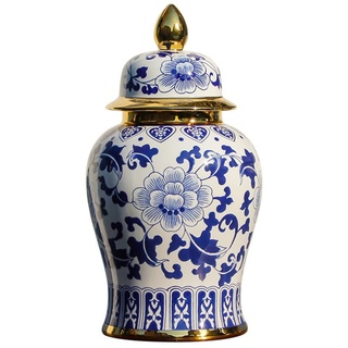 FOTOEV Blau-weiße Porzellanvase mit Deckel, dekorativ bemalte, glasierte Keramik, Chinoiserie, Ingwerglas, orientalisches Dekor (Size : 35cm x 14.5cm)